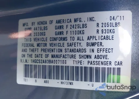 2011 Honda Accord 3.5 Ex-L из США, поврежденный, VIN 1HGCS2A83BA007188